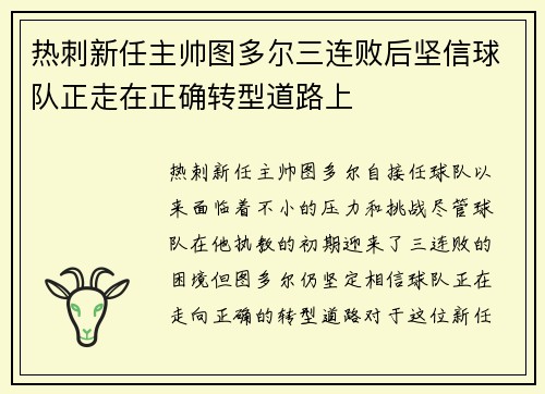 热刺新任主帅图多尔三连败后坚信球队正走在正确转型道路上